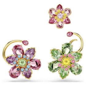 Idyllia-oorcuffset (3), asymmetrisch ontwerp, gemengde slijpvormen, bloem, veelkleurig, verguld