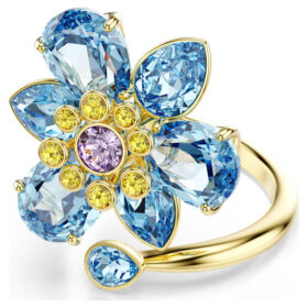 Idyllia open ring met gemengde slijpvormen, bloem, blauw, goudkleurig verguld