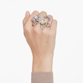 Idyllia-ring met gemengde slijpvormen, pavé, bloemmotief, veelkleurig, verguld