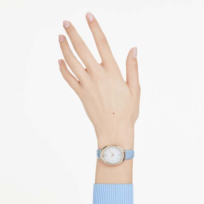 Imber ovaal horloge, Swiss Made, leren band, blauw, champagnekleurige afwerking Imber ovaal horloge, Swiss Made, leren band, blauw, champagnekleurige afwerking