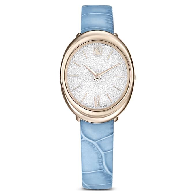 Imber ovaal horloge, Swiss Made, leren band, blauw, champagnekleurige afwerking Imber ovaal horloge, Swiss Made, leren band, blauw, champagnekleurige afwerking