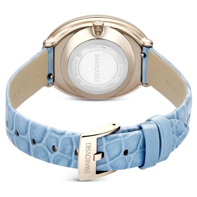 Imber ovaal horloge, Swiss Made, leren band, blauw, champagnekleurige afwerking Imber ovaal horloge, Swiss Made, leren band, blauw, champagnekleurige afwerking