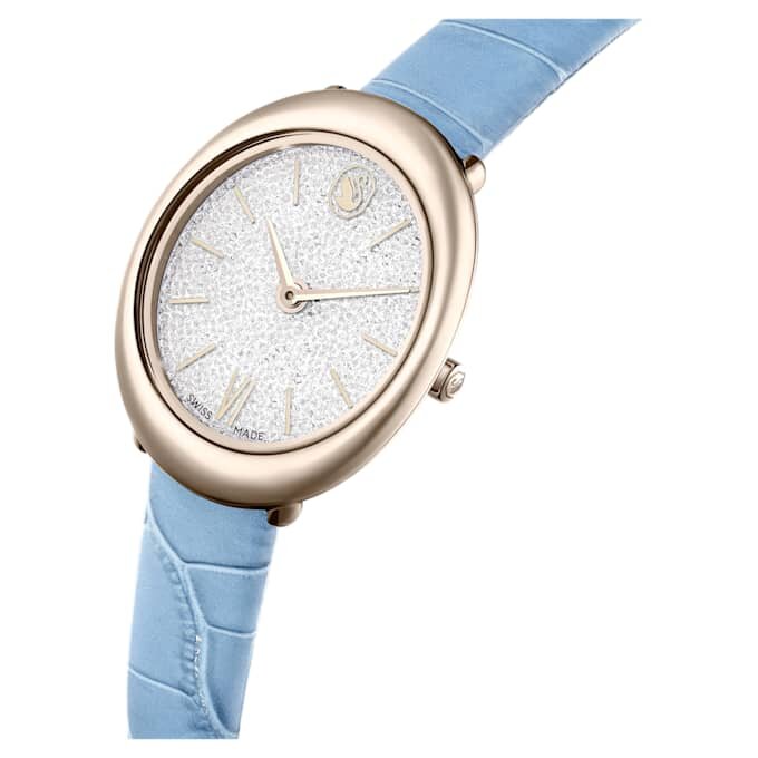 Imber ovaal horloge, Swiss Made, leren band, blauw, champagnekleurige afwerking Imber ovaal horloge, Swiss Made, leren band, blauw, champagnekleurige afwerking