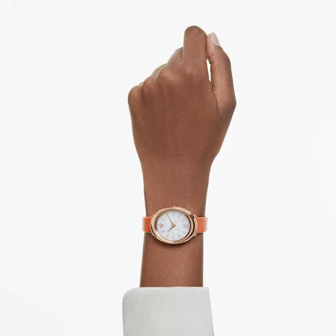 Imber ovaal horloge, Swiss Made, leren band, oranje, roségoudkleurige afwerking Imber ovaal horloge, Swiss Made, leren band, oranje, roségoudkleurige afwerking