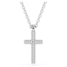 Insigne hanger Pavé, kruis, wit, gerhodineerd