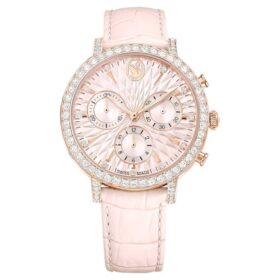Matrix Tennis Chrono-horloge, Swiss Made, leren band, roze, roségoudkleurige afwerking