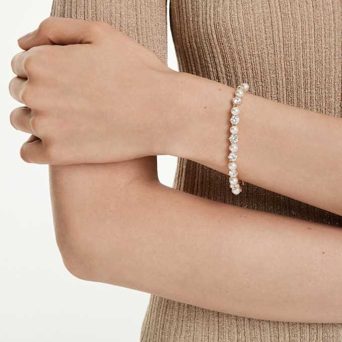 Matrix tennisarmband met kristallen parels, ronde slijpvorm, wit, verguld Matrix tennisarmband met kristallen parels, ronde slijpvorm, wit, verguld