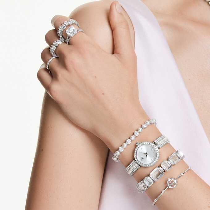 Matrix Pearl-armbandhorloge, Swiss Made, kristallen armband, wit, roestvrij staal Matrix Pearl-armbandhorloge, Swiss Made, kristallen armband, wit, roestvrij staal