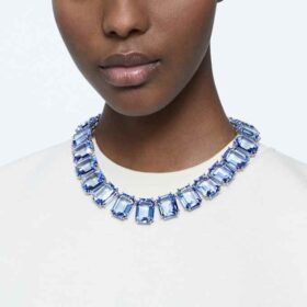 Millenia-ketting met extra grote kristallen, achthoekige slijpvorm, blauw, gerhodineerd