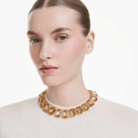 Millenia-ketting met extra grote kristallen, achthoekige slijpvorm, karamelkleurig, verguld