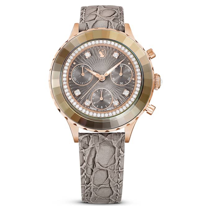Octea Chrono-horloge, Swiss Made, leren band, grijs, roségoudkleurige afwerking Octea Chrono-horloge, Swiss Made, leren band, grijs, roségoudkleurige afwerking