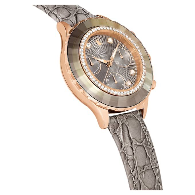 Octea Chrono-horloge, Swiss Made, leren band, grijs, roségoudkleurige afwerking Octea Chrono-horloge, Swiss Made, leren band, grijs, roségoudkleurige afwerking