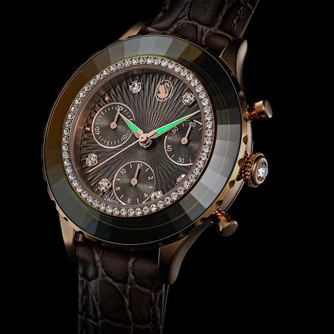 Octea Chrono-horloge, Swiss Made, leren band, grijs, roségoudkleurige afwerking Octea Chrono-horloge, Swiss Made, leren band, grijs, roségoudkleurige afwerking