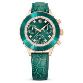 Octea Chrono-horloge, Swiss Made, leren band, groen, roségoudkleurige afwerking