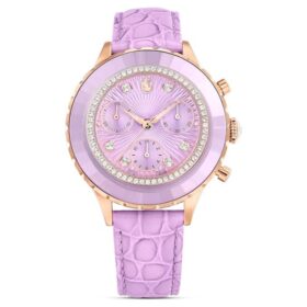 Octea Chrono-horloge Swiss Made, leren band, paars, roségoudkleurige afwerking