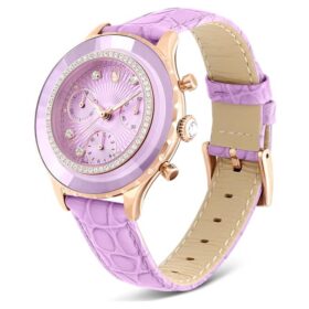 Octea Chrono-horloge Swiss Made, leren band, paars, roségoudkleurige afwerking