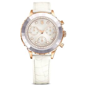 Octea Chrono-horloge, Swiss Made, leren band, wit, roségoudkleurige afwerking