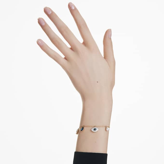 Symbolica-armband met kristallen parel, klavertje, boze oog en hoefijzer, blauw, verguld Symbolica-armband met kristallen parel, klavertje, boze oog en hoefijzer, blauw, verguld