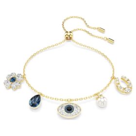 Symbolica-armband met kristallen parel, klavertje, boze oog en hoefijzer, blauw, verguld
