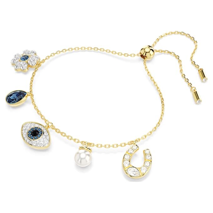 Symbolica-armband met kristallen parel, klavertje, boze oog en hoefijzer, blauw, verguld Symbolica-armband met kristallen parel, klavertje, boze oog en hoefijzer, blauw, verguld
