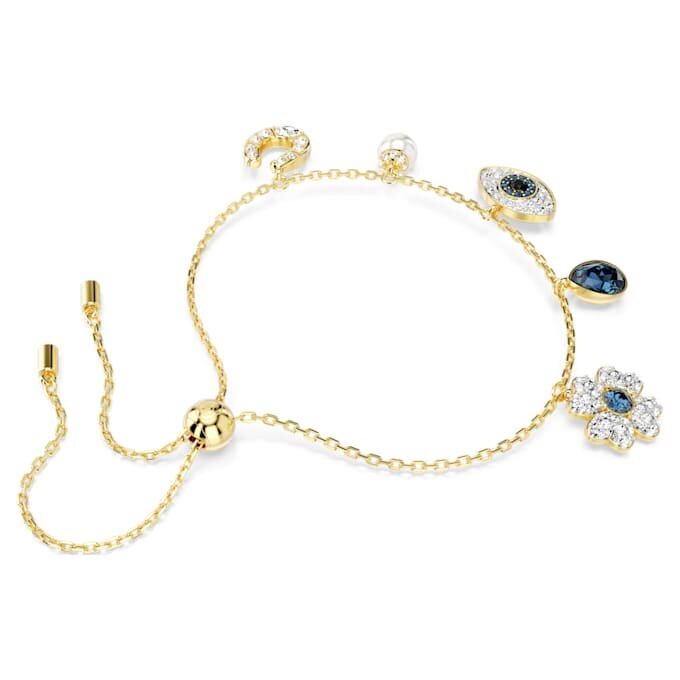 Symbolica-armband met kristallen parel, klavertje, boze oog en hoefijzer, blauw, verguld Symbolica-armband met kristallen parel, klavertje, boze oog en hoefijzer, blauw, verguld