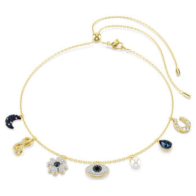Symbolica-choker met kristallen parel, maan, Infinity-teken, klavertje, boze oog en hoefijzer, blauw, verguld Symbolica-choker met kristallen parel, maan, Infinity-teken, klavertje, boze oog en hoefijzer, blauw, verguld
