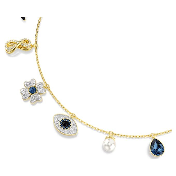 Symbolica-choker met kristallen parel, maan, Infinity-teken, klavertje, boze oog en hoefijzer, blauw, verguld Symbolica-choker met kristallen parel, maan, Infinity-teken, klavertje, boze oog en hoefijzer, blauw, verguld
