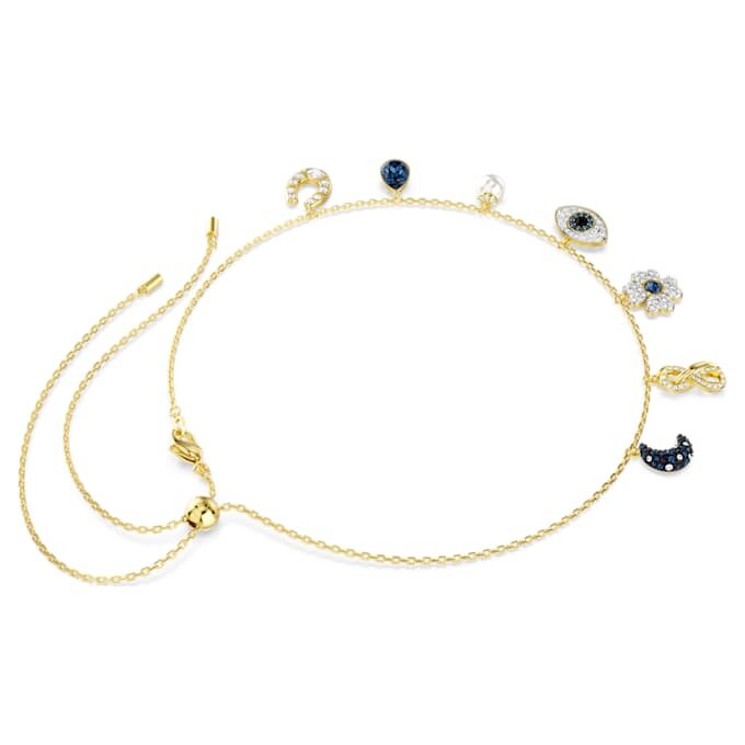 Symbolica-choker met kristallen parel, maan, Infinity-teken, klavertje, boze oog en hoefijzer, blauw, verguld Symbolica-choker met kristallen parel, maan, Infinity-teken, klavertje, boze oog en hoefijzer, blauw, verguld