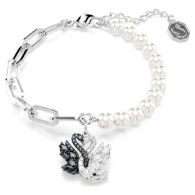 Zwanenarmband met kristallen parels, zwaan, zwart, gemengde metalen afwerking